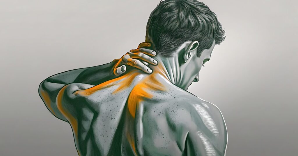 man touching the back of his head due to shoulder pain