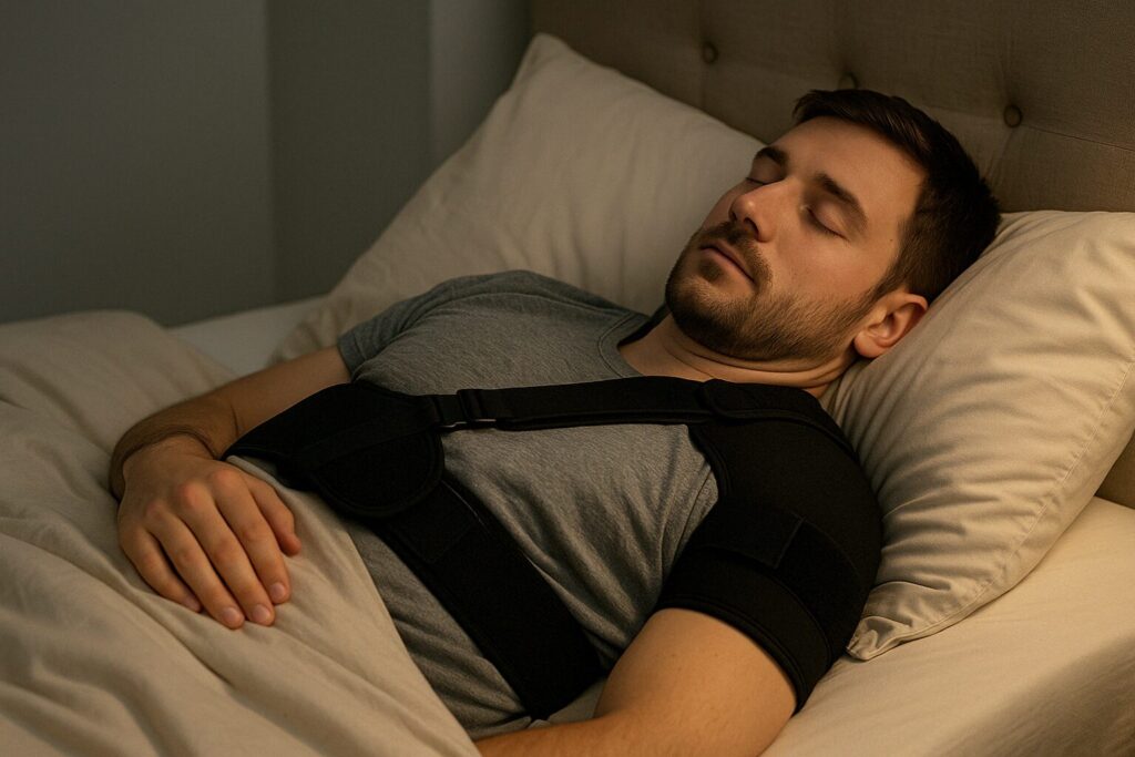man sleeping with a shoulder brace
