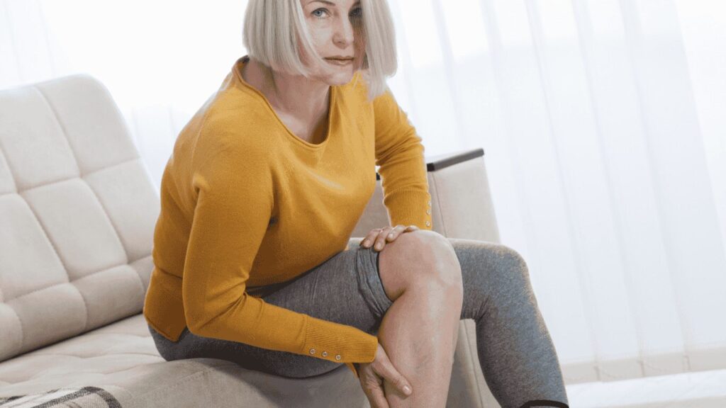 A woman sitting on a couch holding their knee, showing signs of pain.