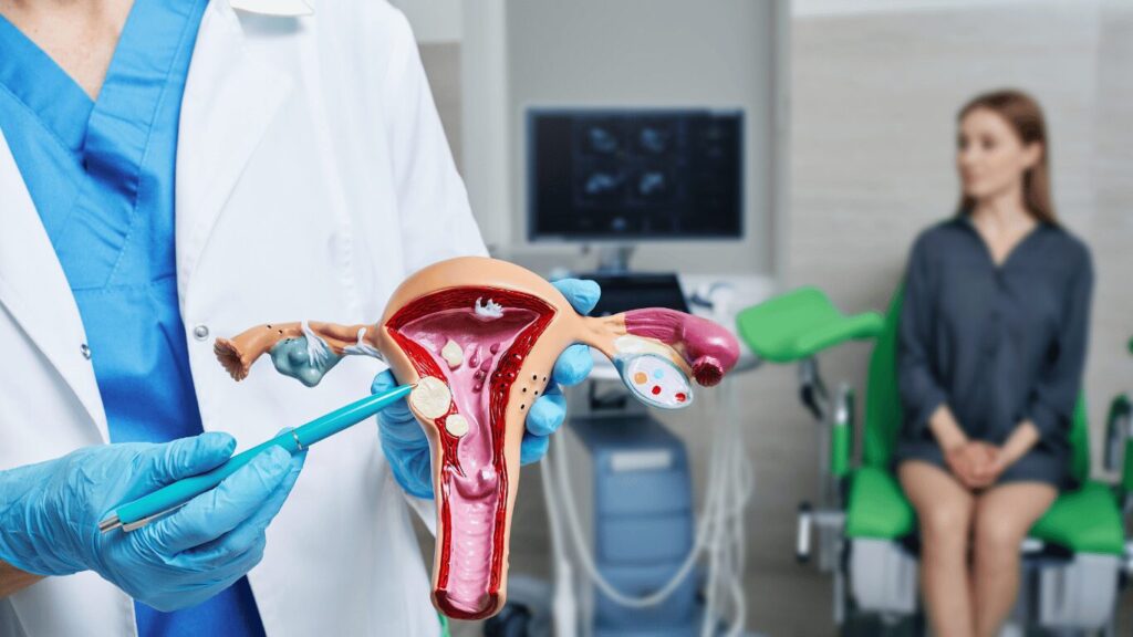 A medical professional in gloves and a lab coat holds a model of the uterus, pointing to it with a pen. A patient sits in a chair in the background